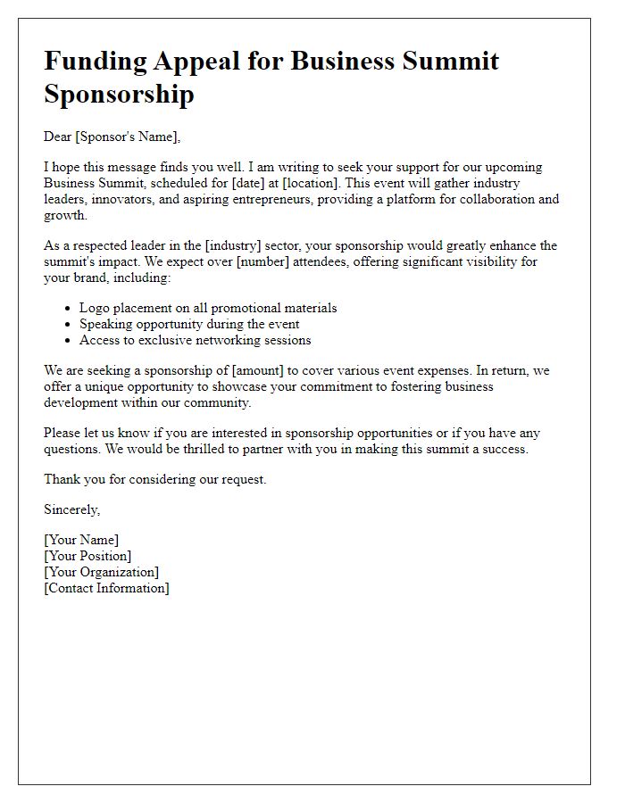 Letter template of funding appeal for business summit sponsorship