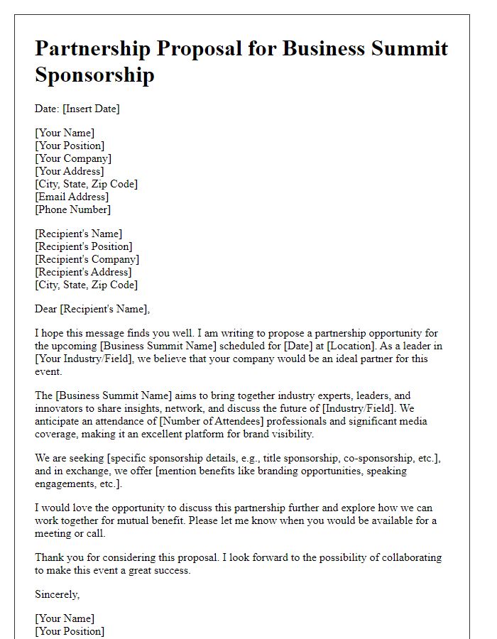 Letter template of partnership proposal for business summit sponsorship