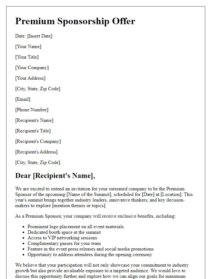 Letter template of premium sponsorship offer for business summit