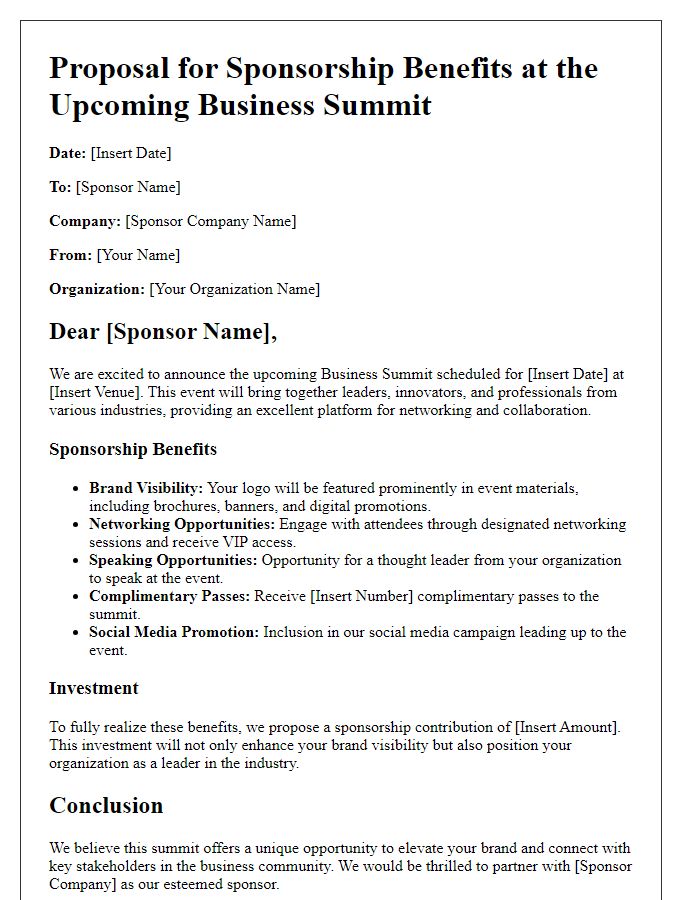 Letter template of sponsorship benefits proposal for business summit