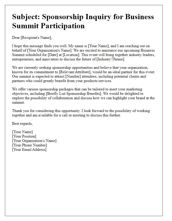 Letter template of sponsorship inquiry for business summit participation