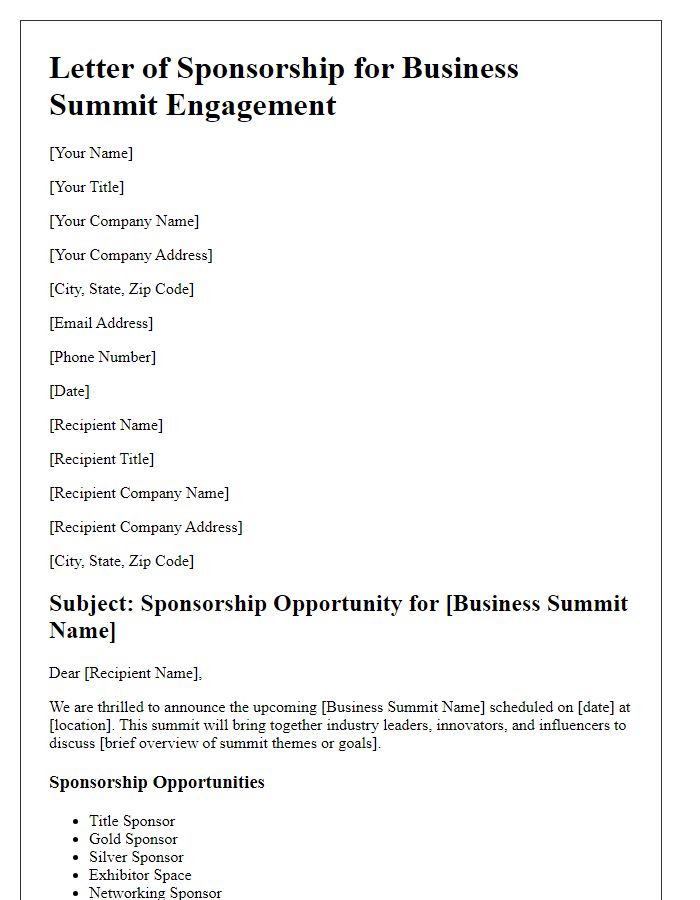 Letter template of sponsorship outline for business summit engagement