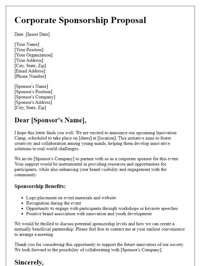 Letter template of corporate sponsorship for an innovation camp initiative.