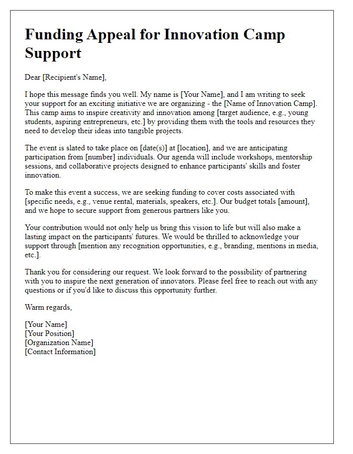 Letter template of funding appeal for innovation camp support.