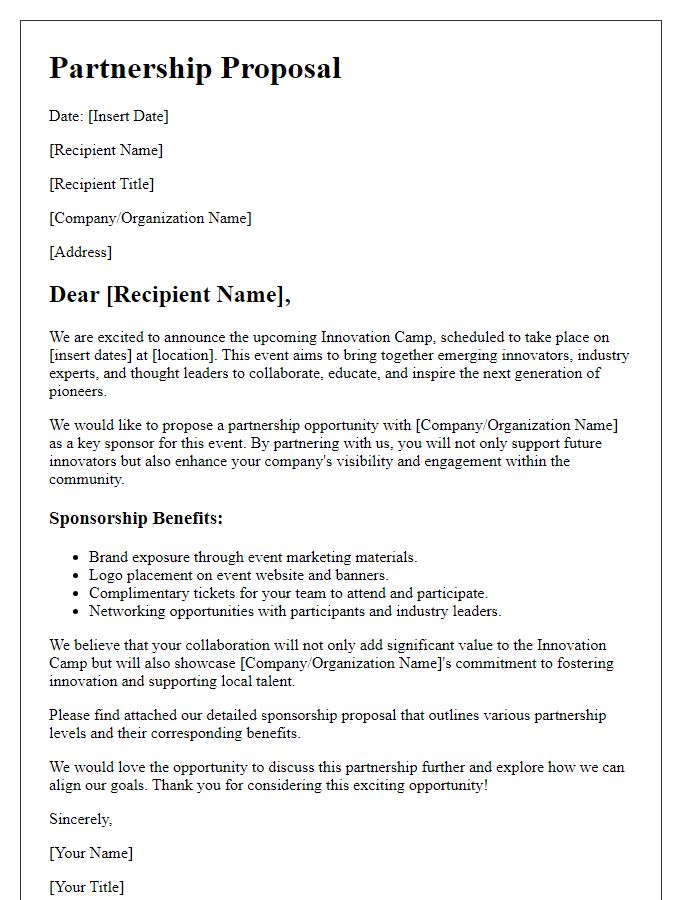 Letter template of partnership proposal for innovation camp sponsorship.