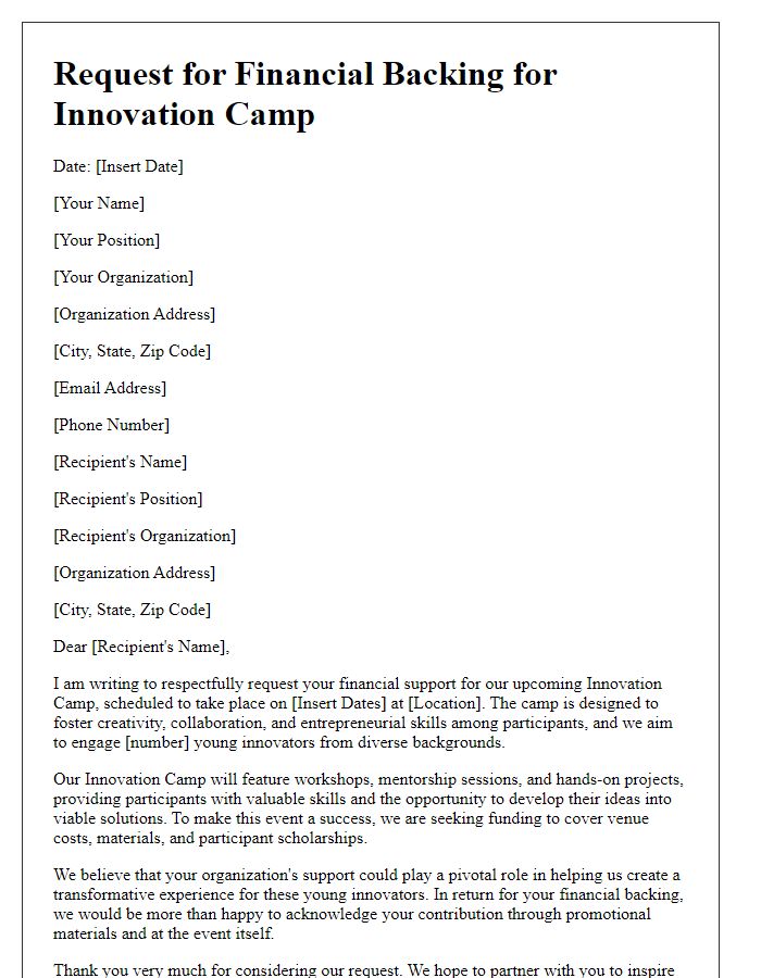 Letter template of request for financial backing for innovation camp.