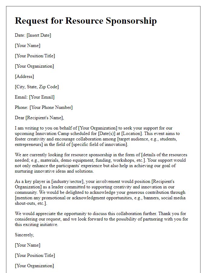 Letter template of request for resource sponsorship for innovation camp.