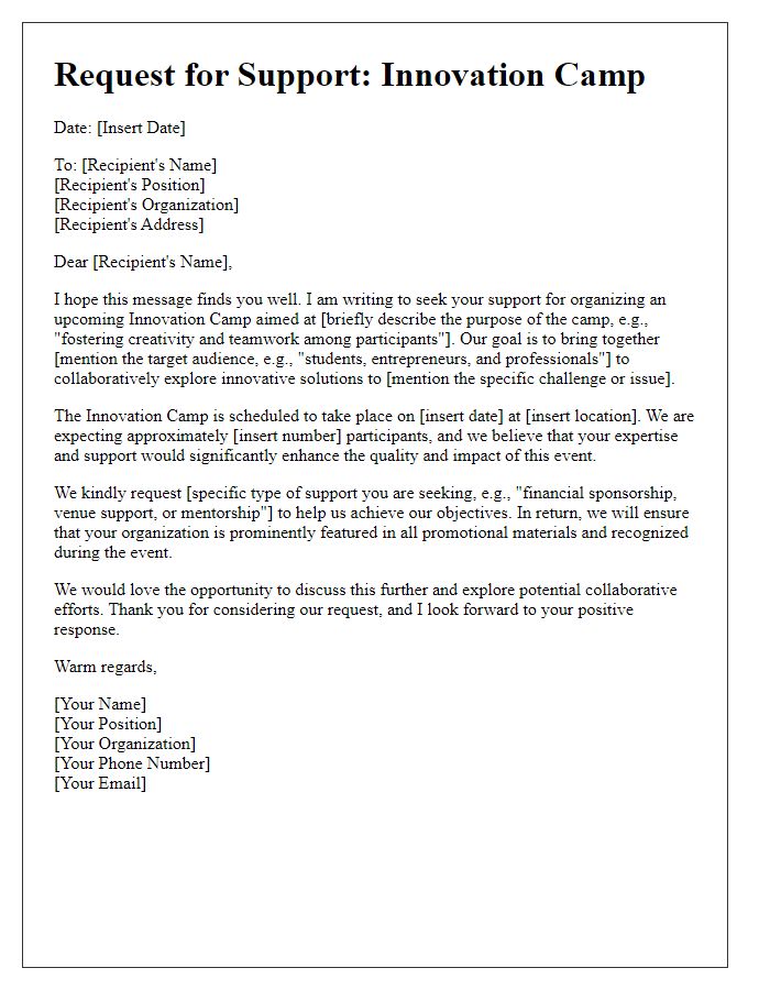 Letter template of support request for organizing an innovation camp.