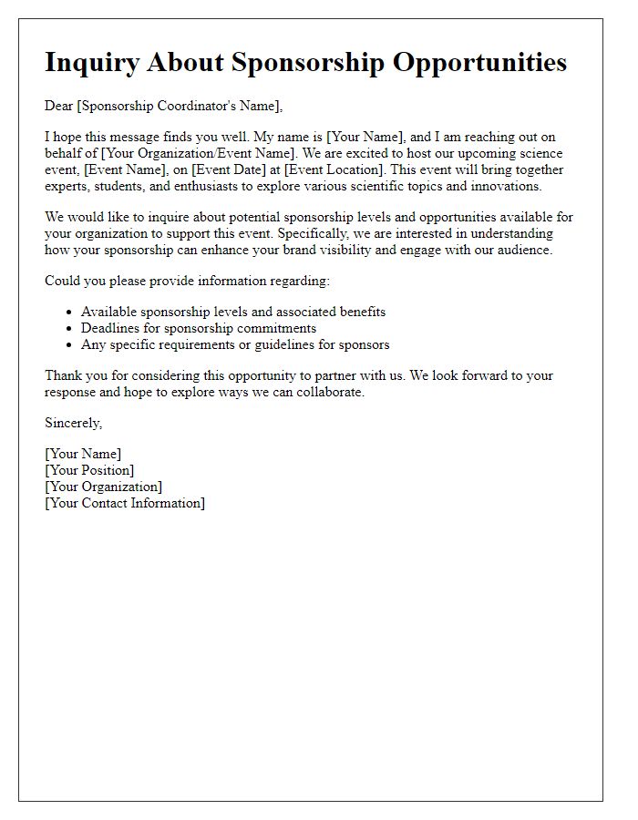 Letter template of inquiry regarding sponsorship levels for a science event