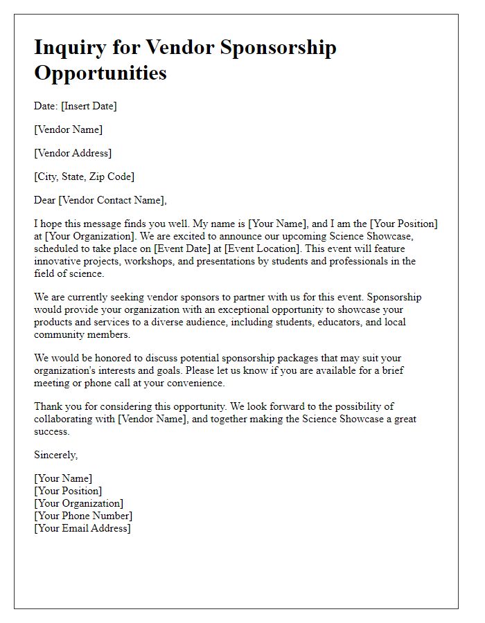 Letter template of inquiry for vendor sponsorship opportunities in a science showcase