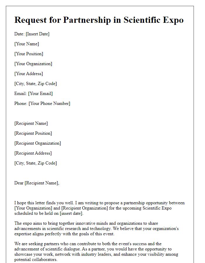 Letter template of request for partnership in a scientific expo