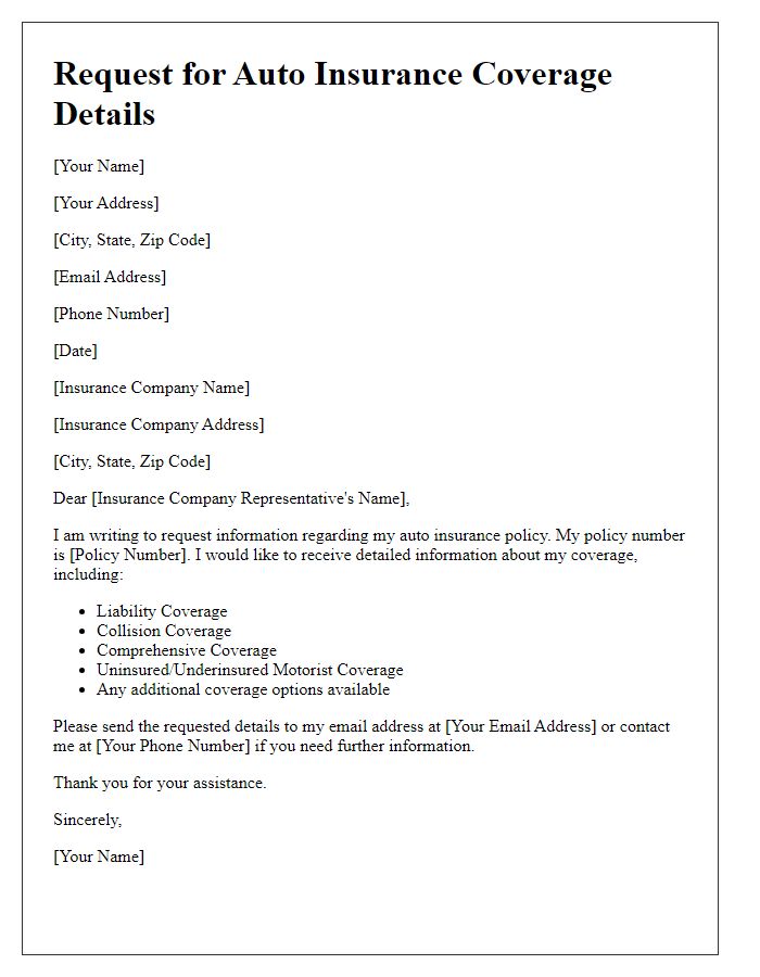 Letter template of auto insurance coverage details request.