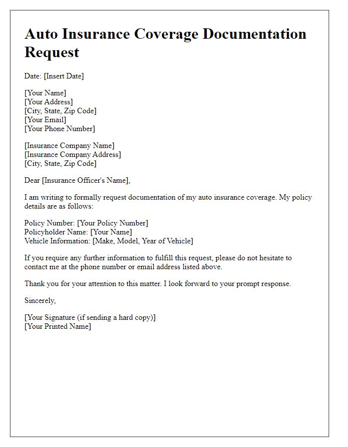 Letter template of auto insurance coverage documentation request.