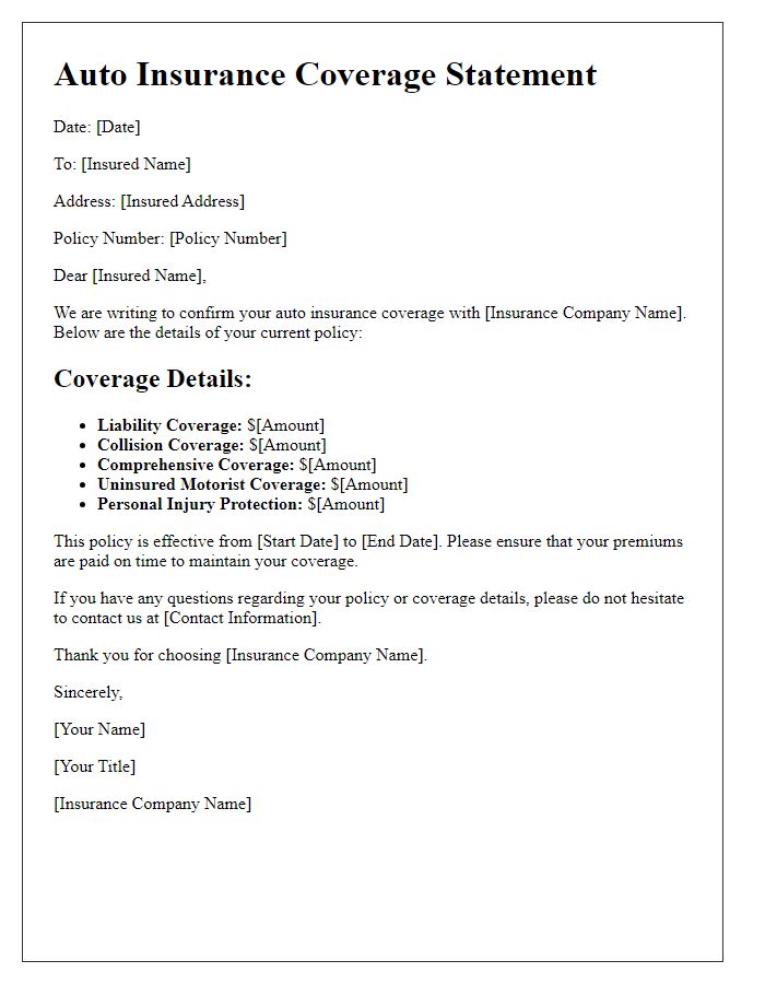 Letter template of auto insurance coverage statement.