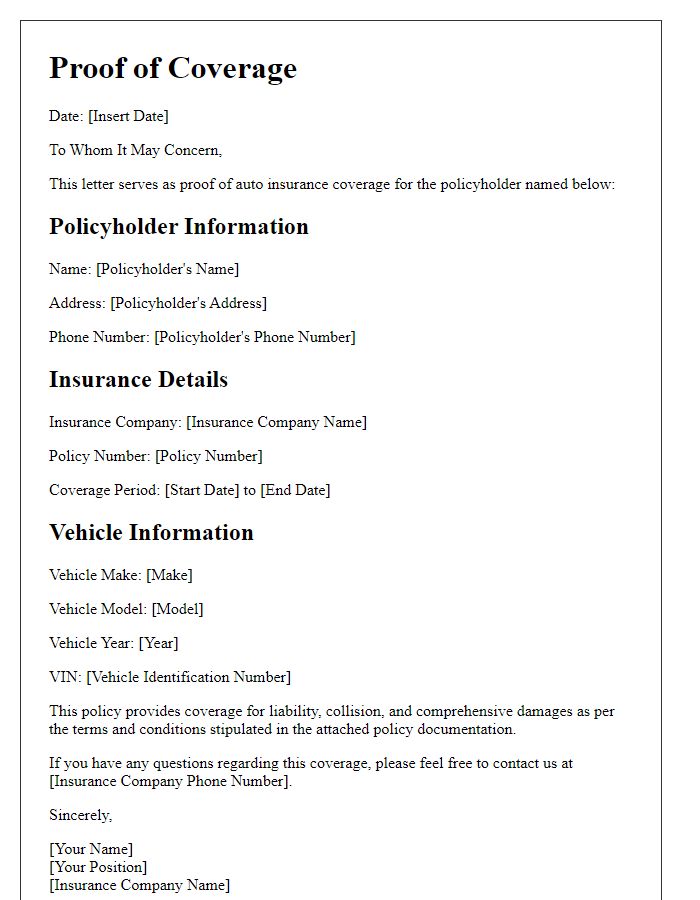 Letter template of auto insurance proof of coverage.