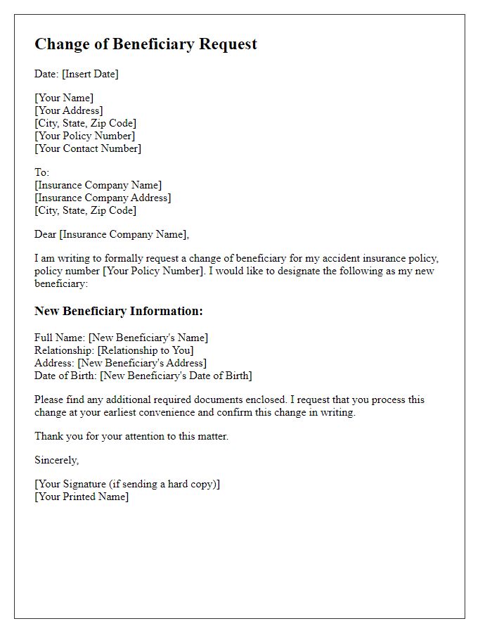 Letter template of change of beneficiary for accident insurance policy.