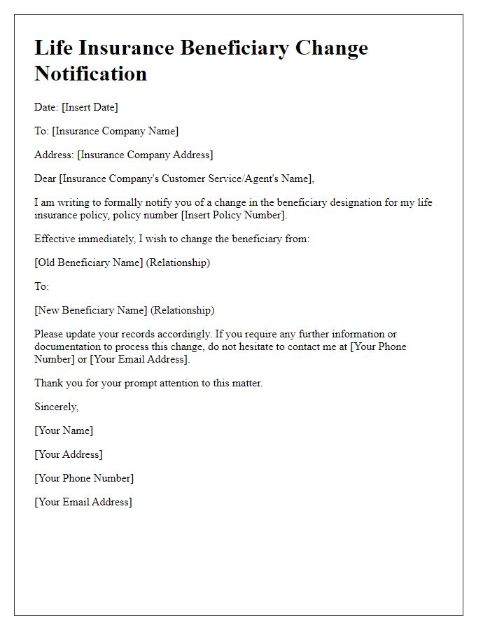 Letter template of life insurance beneficiary change notification.