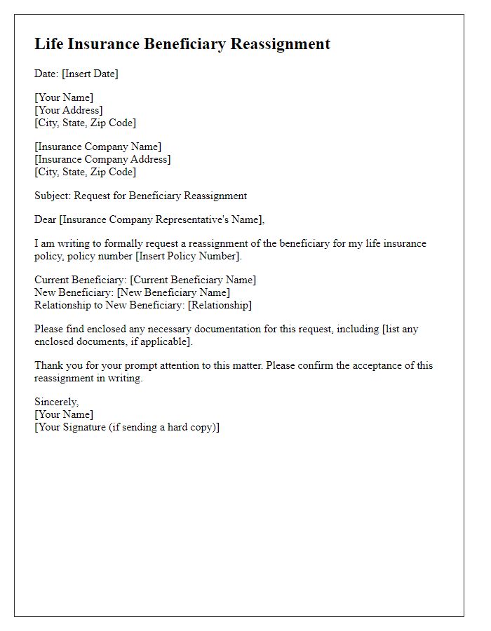 Letter template of life insurance beneficiary reassignment.