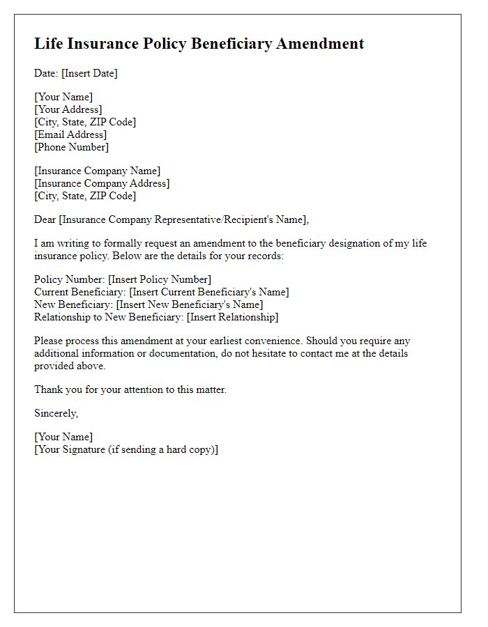 Letter template of life insurance policy beneficiary amendment.