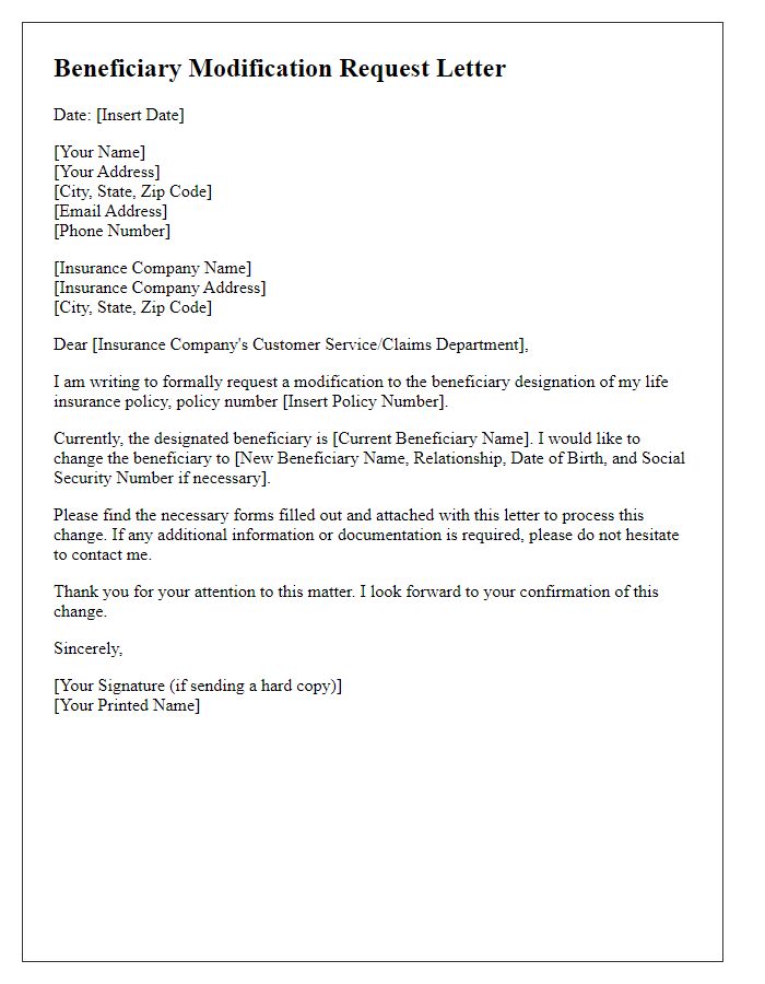 Letter template of requested beneficiary modification for life insurance.