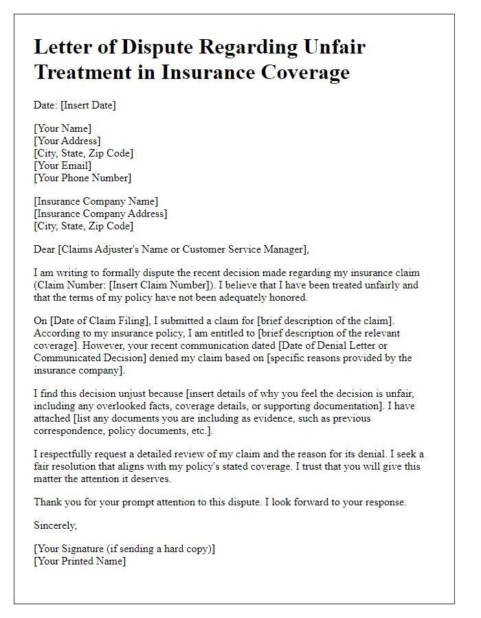 Letter template of insurance coverage dispute focusing on unfair treatment.