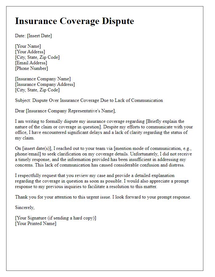 Letter template of insurance coverage dispute for lack of communication.