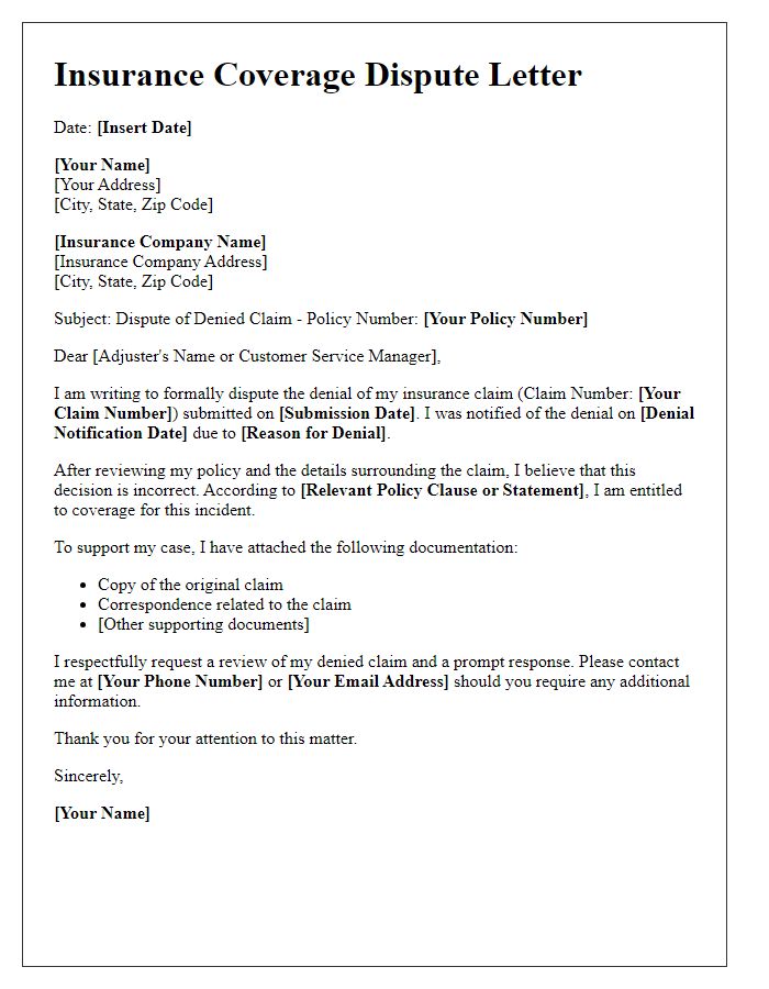 Letter template of insurance coverage dispute regarding denied claim.