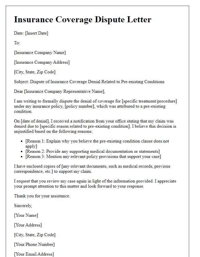 Letter template of insurance coverage dispute related to pre-existing conditions.