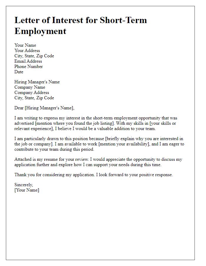 Letter template of interest for short-term employment