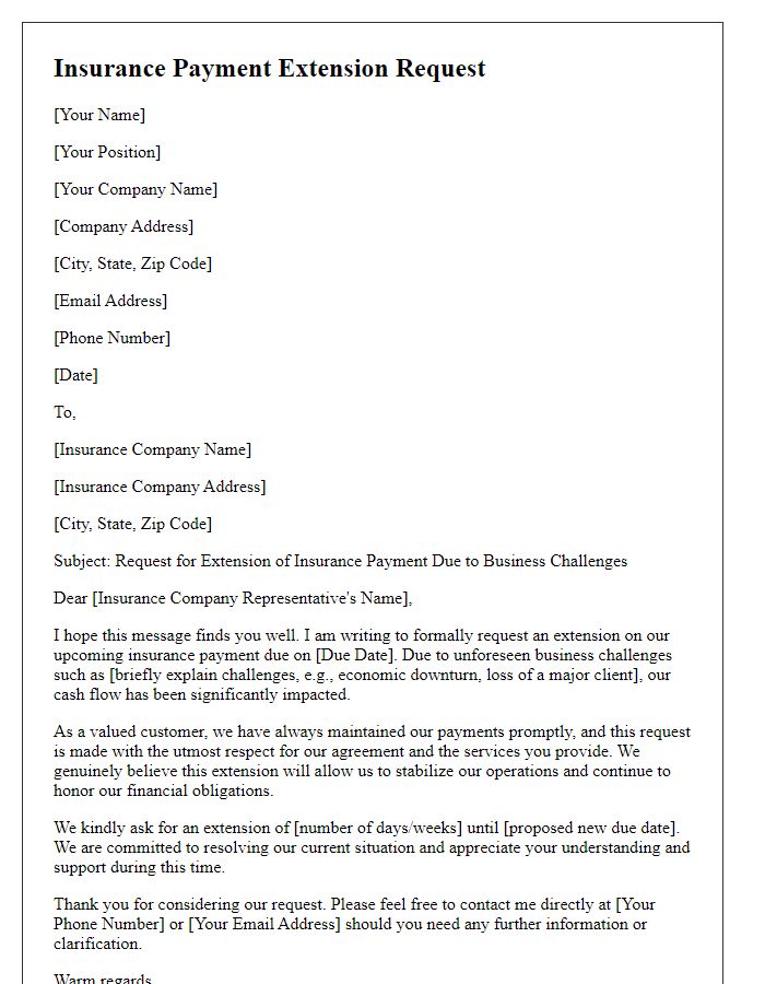 Letter template of insurance payment extension request for business challenges.