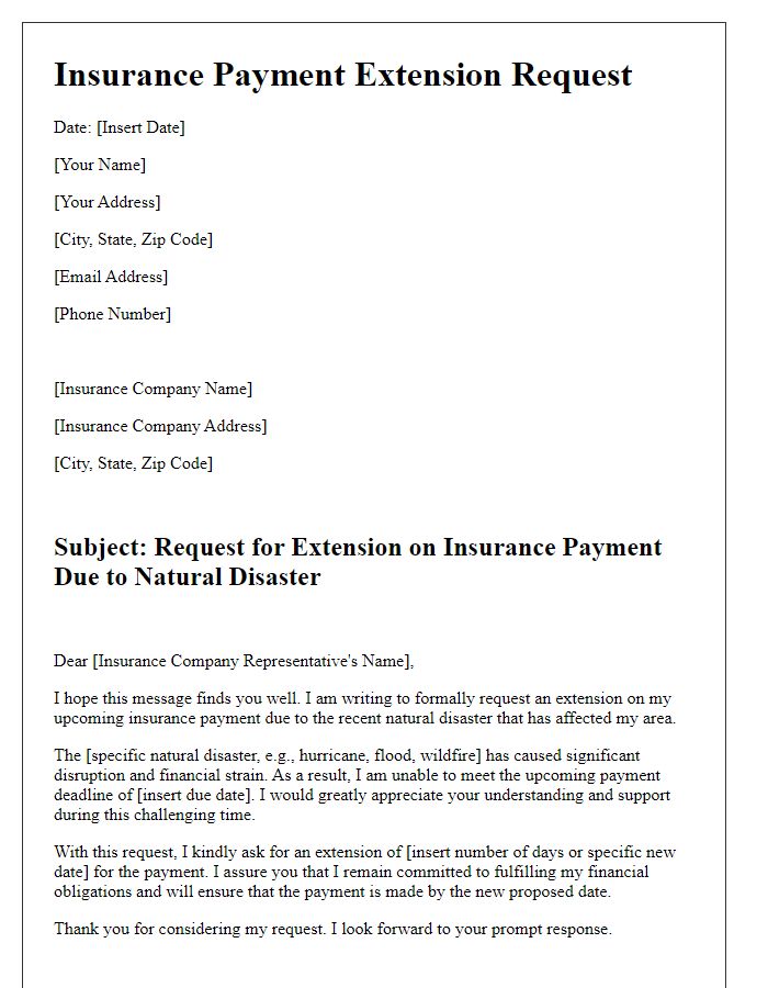 Letter template of insurance payment extension request due to natural disasters.