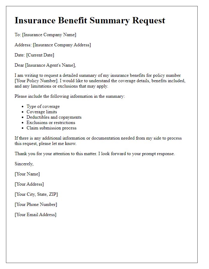 Letter template of insurance benefit summary request