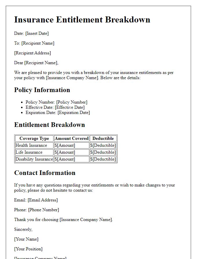 Letter template of insurance entitlement breakdown