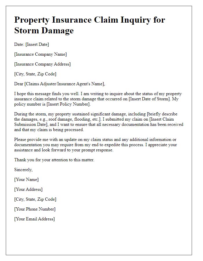 Letter template of property insurance claim inquiry for storm damage.