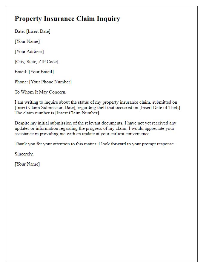 Letter template of property insurance claim inquiry for theft.