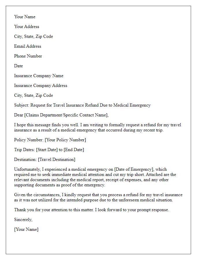 Letter template of travel insurance refund request after medical emergency