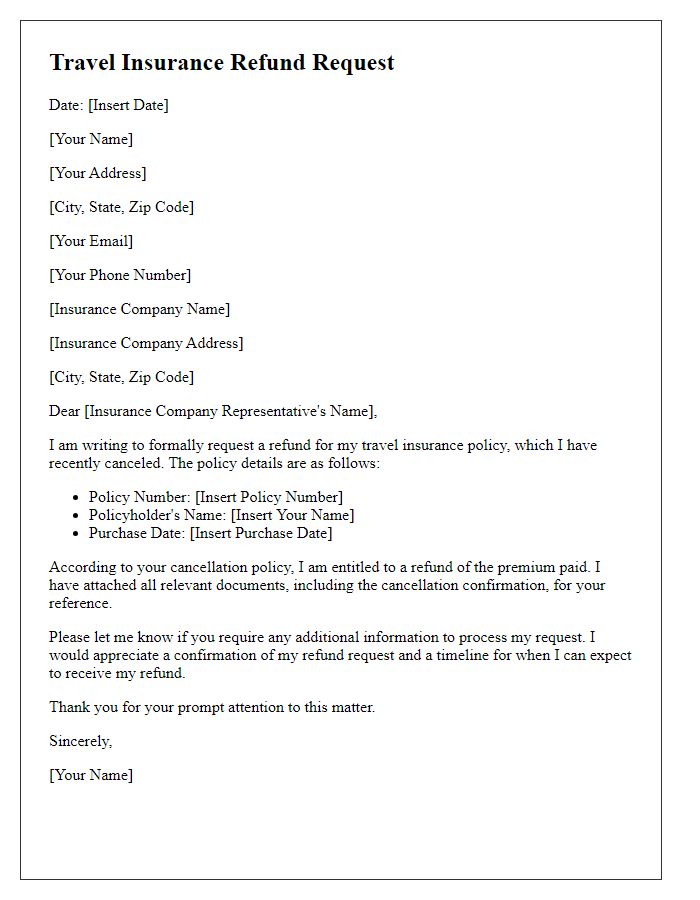 Letter template of travel insurance refund request after policy cancellation