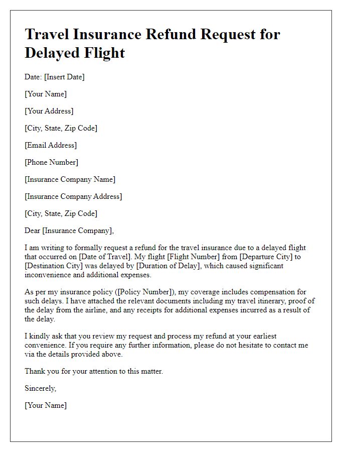 Letter template of travel insurance refund request for delayed flight