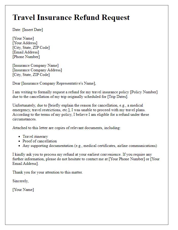 Letter template of travel insurance refund request due to trip cancellation