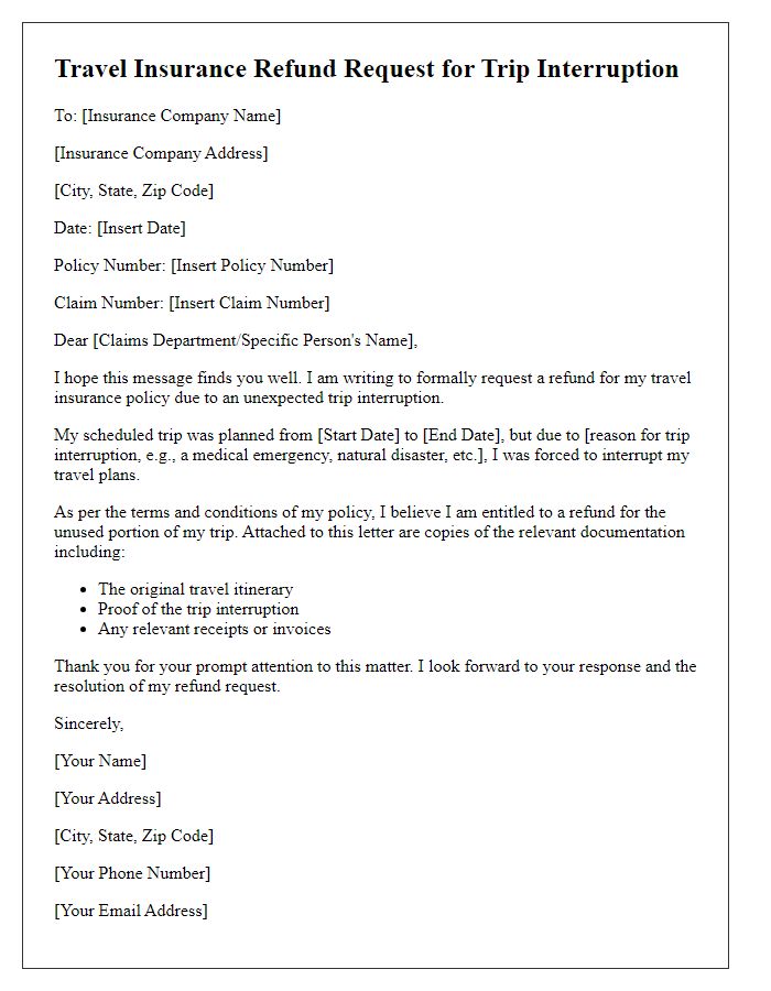 Letter template of travel insurance refund request for trip interruption