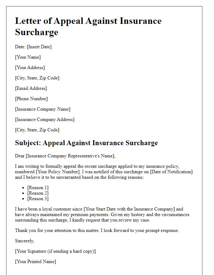 Letter template of appeal against insurance surcharge.