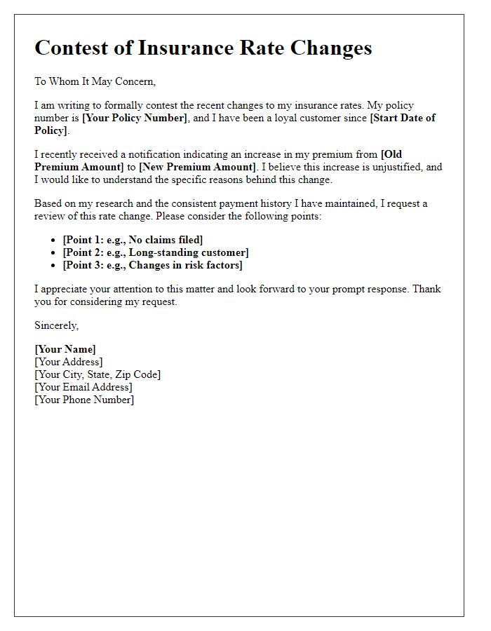 Letter template of contesting insurance rate changes.