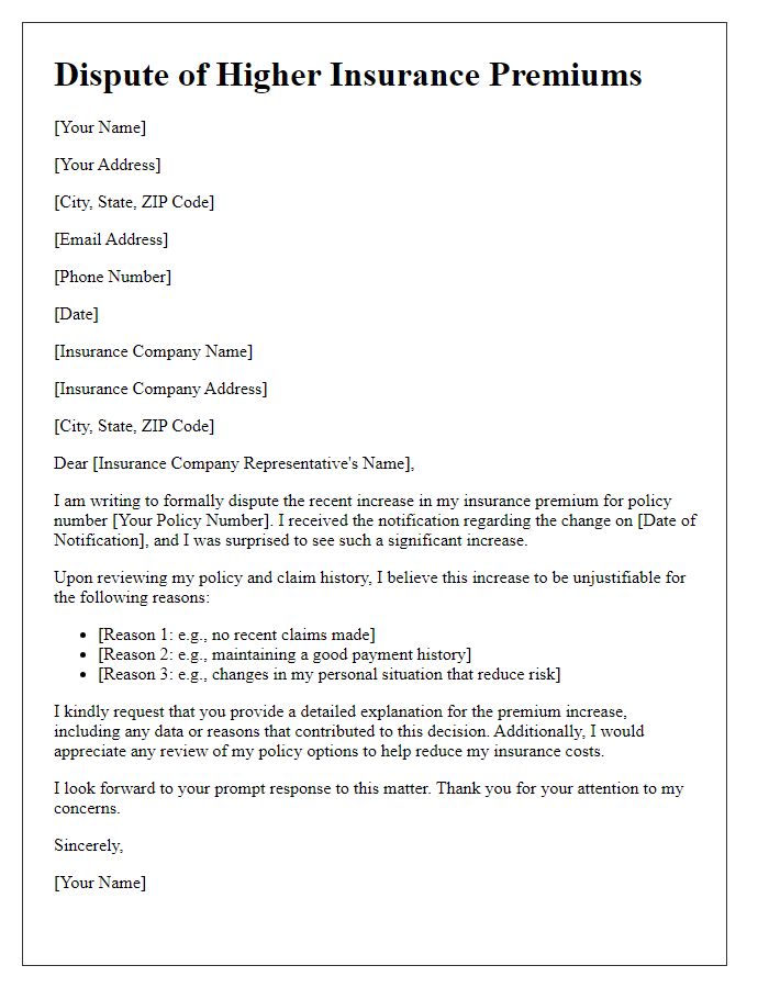 Letter template of disputing higher insurance premiums.