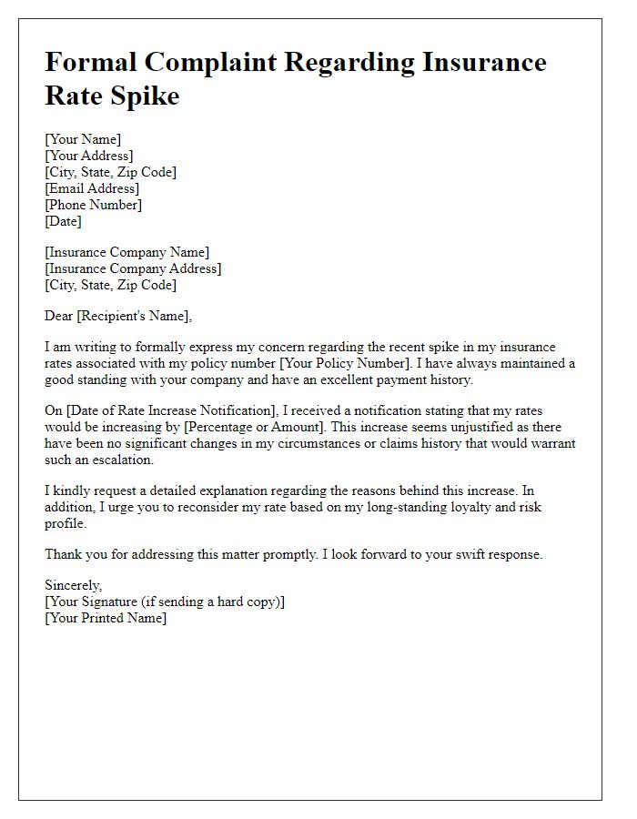 Letter template of formal complaint regarding insurance rate spike.