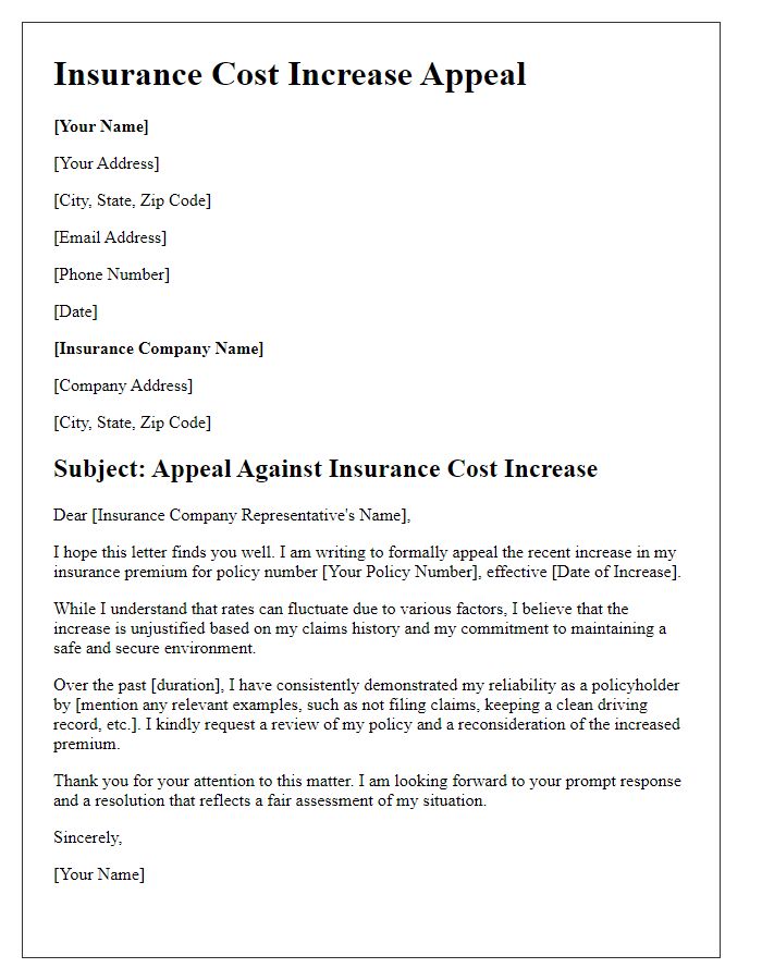 Letter template of insurance cost increase appeal.