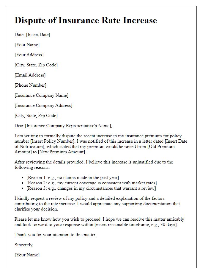 Letter template of insurance rate increase dispute.