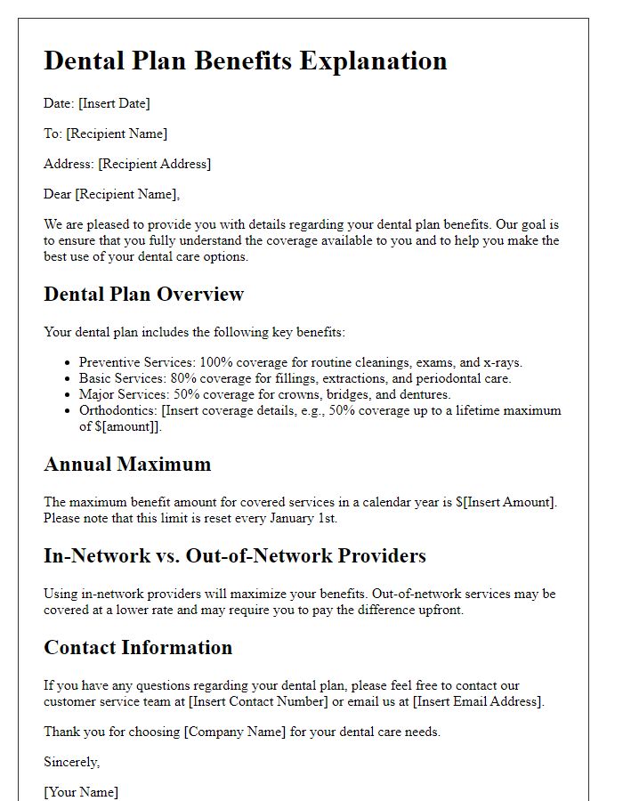 Letter template of dental plan benefits explanation