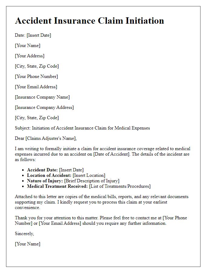 Letter template of accident insurance claim initiation for medical expenses.