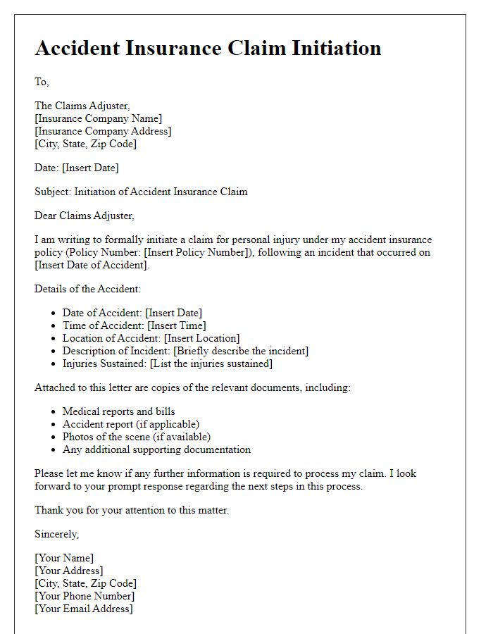 Letter template of accident insurance claim initiation for personal injury.