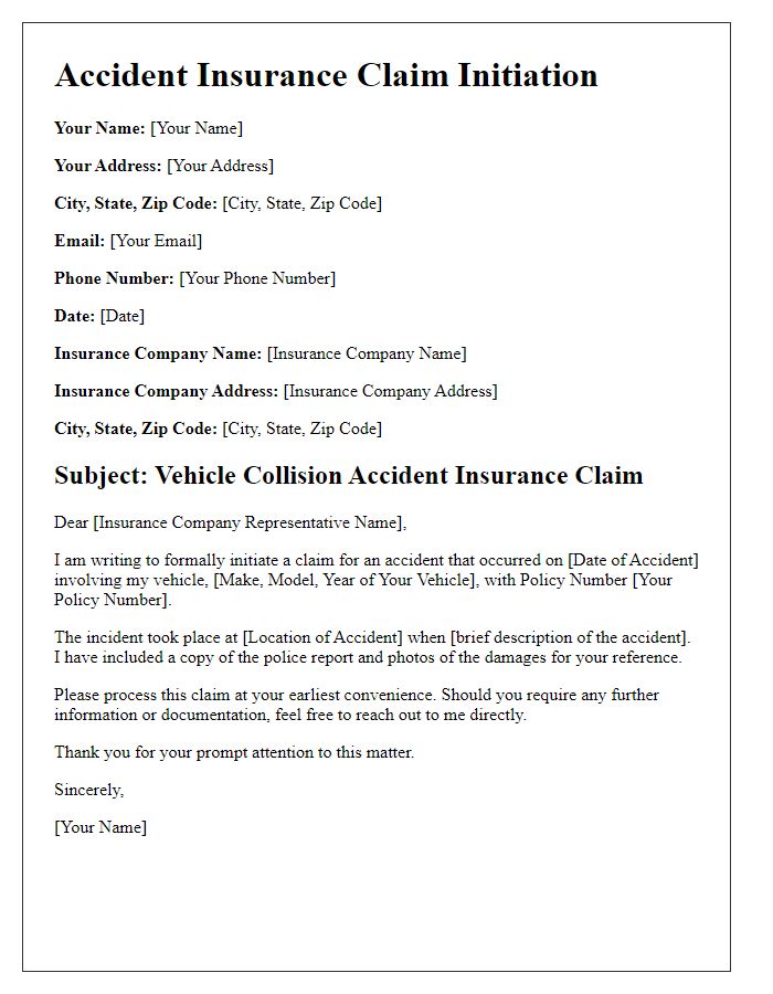 Letter template of accident insurance claim initiation for vehicle collision.